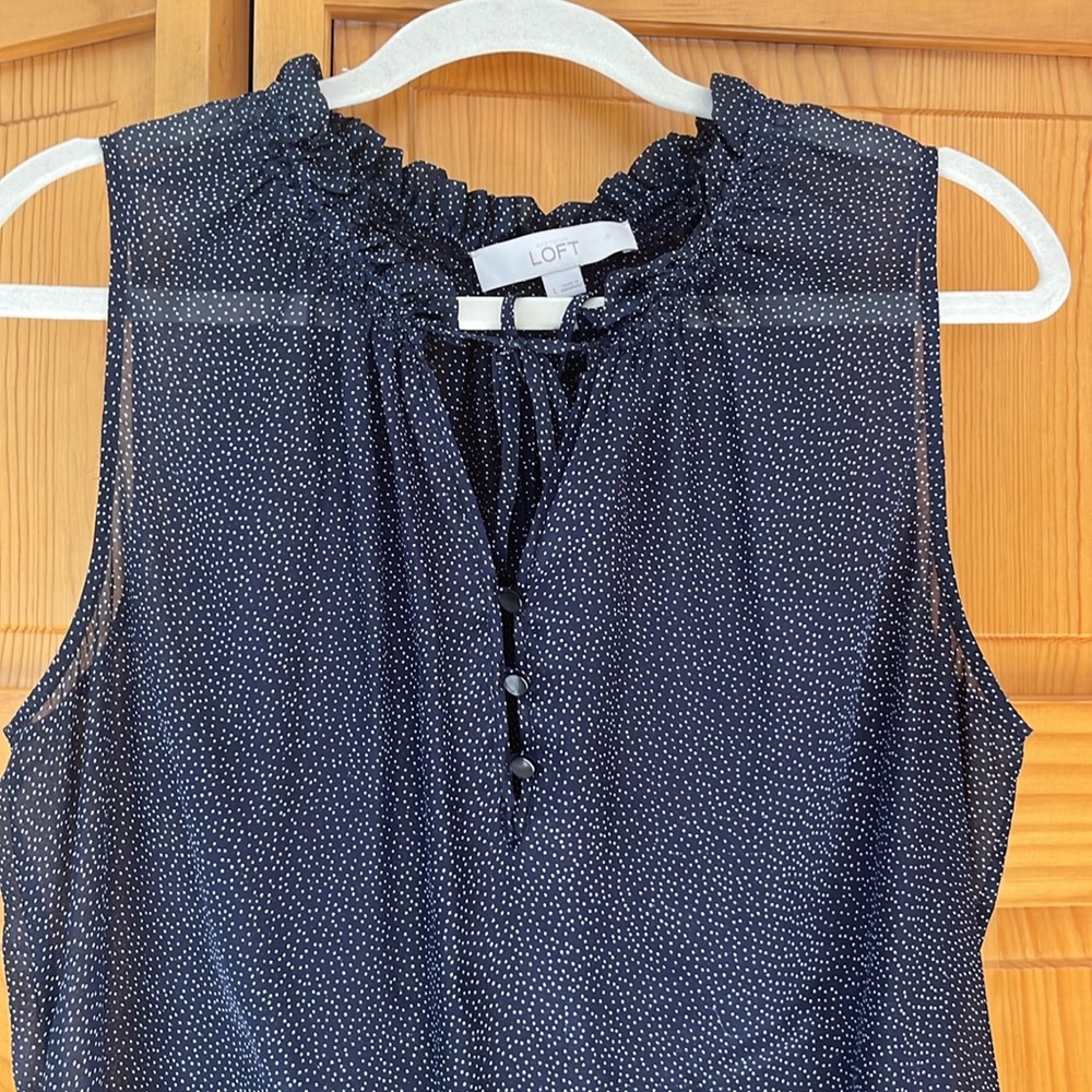 LOFT Navy Sleeveless Ruffled Blouse with Mandarin Collar